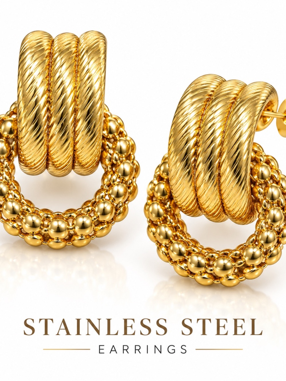 Gold Twist and Bead Hoop Earrings - Stainless Steel